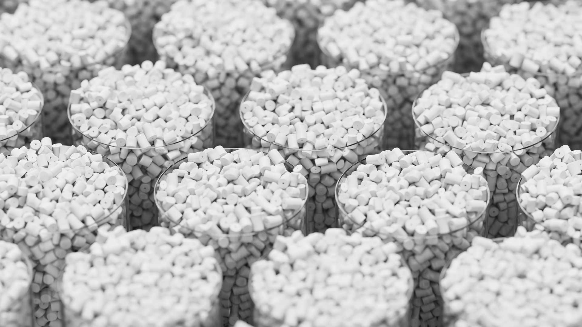 Grid of glasses filled with white plastic polypropylene granules, masterbatch polymer grain, with shallow DOF. HDPE or PVC resin pellets. 3d render illustration